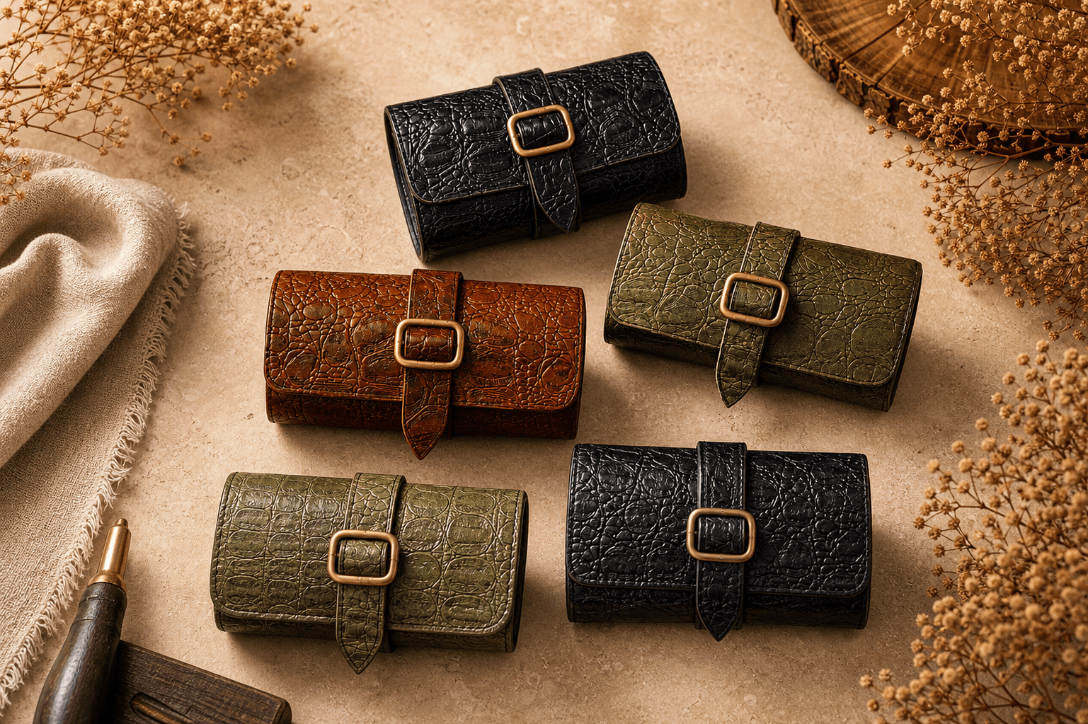Helora embossed leather cable organisers with brass buckles in black, cognac, and olive finishes