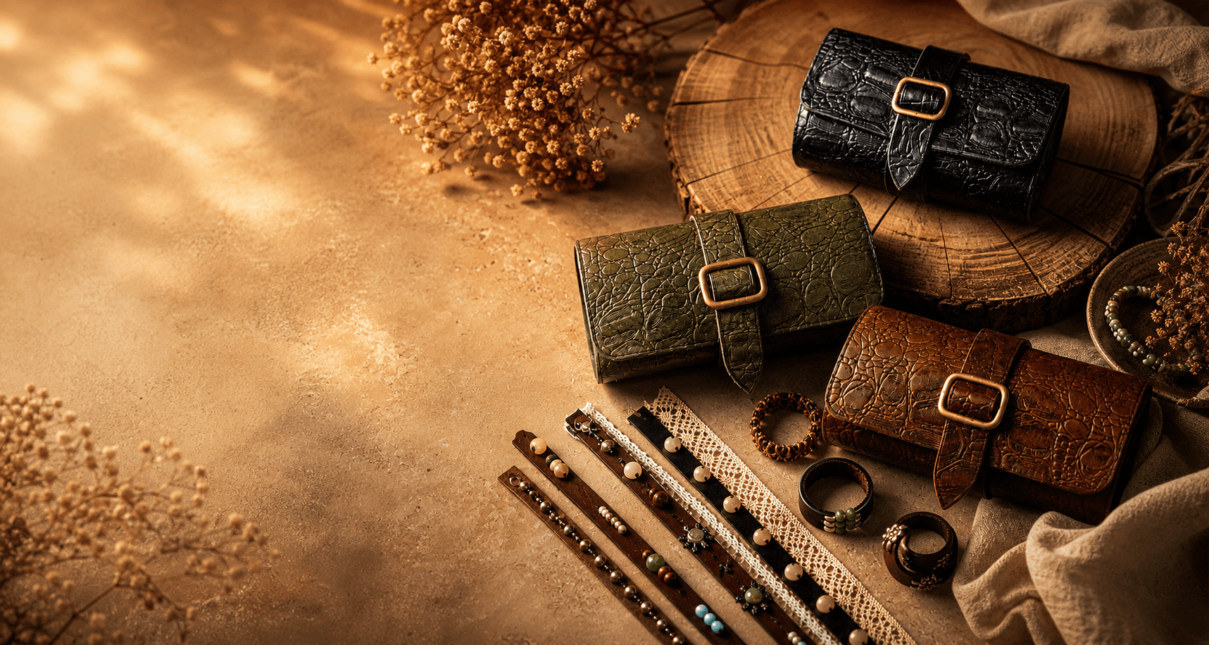 Helora embossed leather wallets and handmade accessories arranged in warm artisan studio light