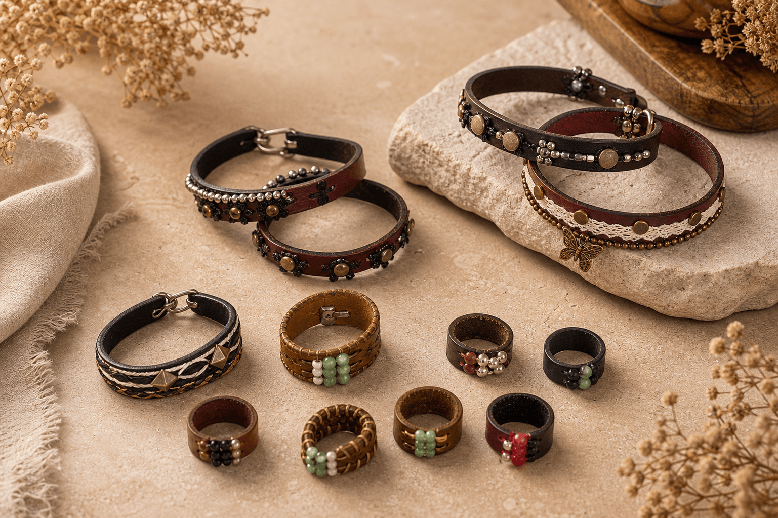 Helora leather rings and bracelets with beads, lace, and metal studs