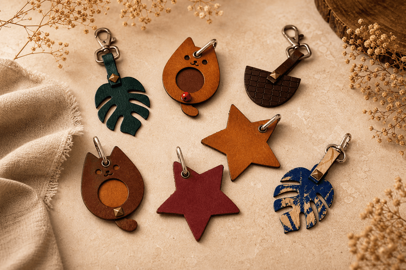 Helora leather keychains in leaf, star, and cat shapes with metal clips
